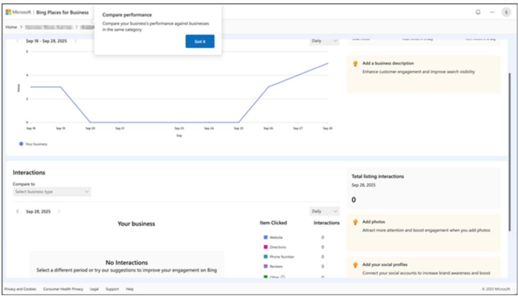 Screenshot posted by local SEOs of new dashboard for Bing Places for Business